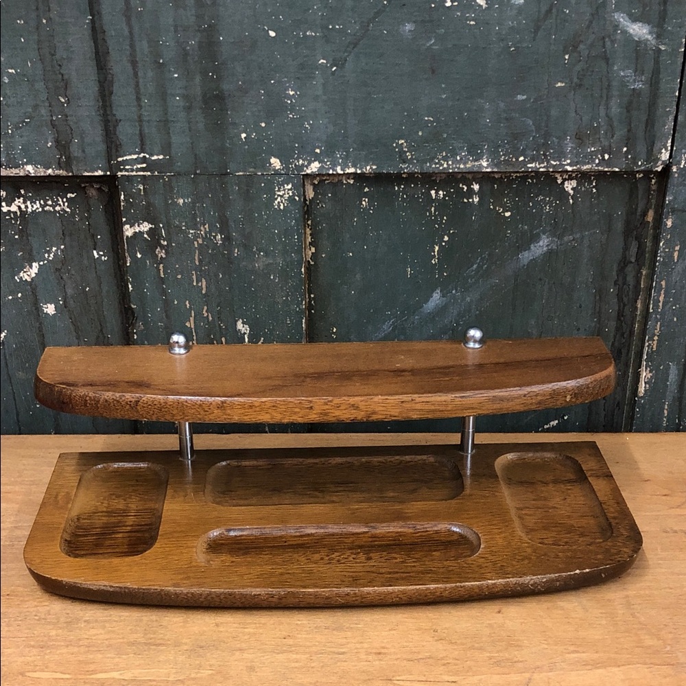London Leather Valet Tray Wooden two-tier MCM Mid Century Wood bathroom jewelry
